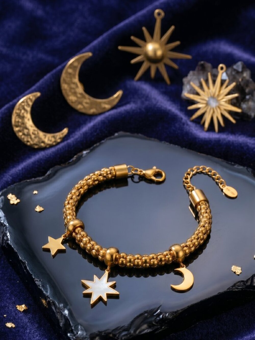 18K Gold Plated Celestial Charm Bracelet Moon Star Sunburst Boho Adjustable